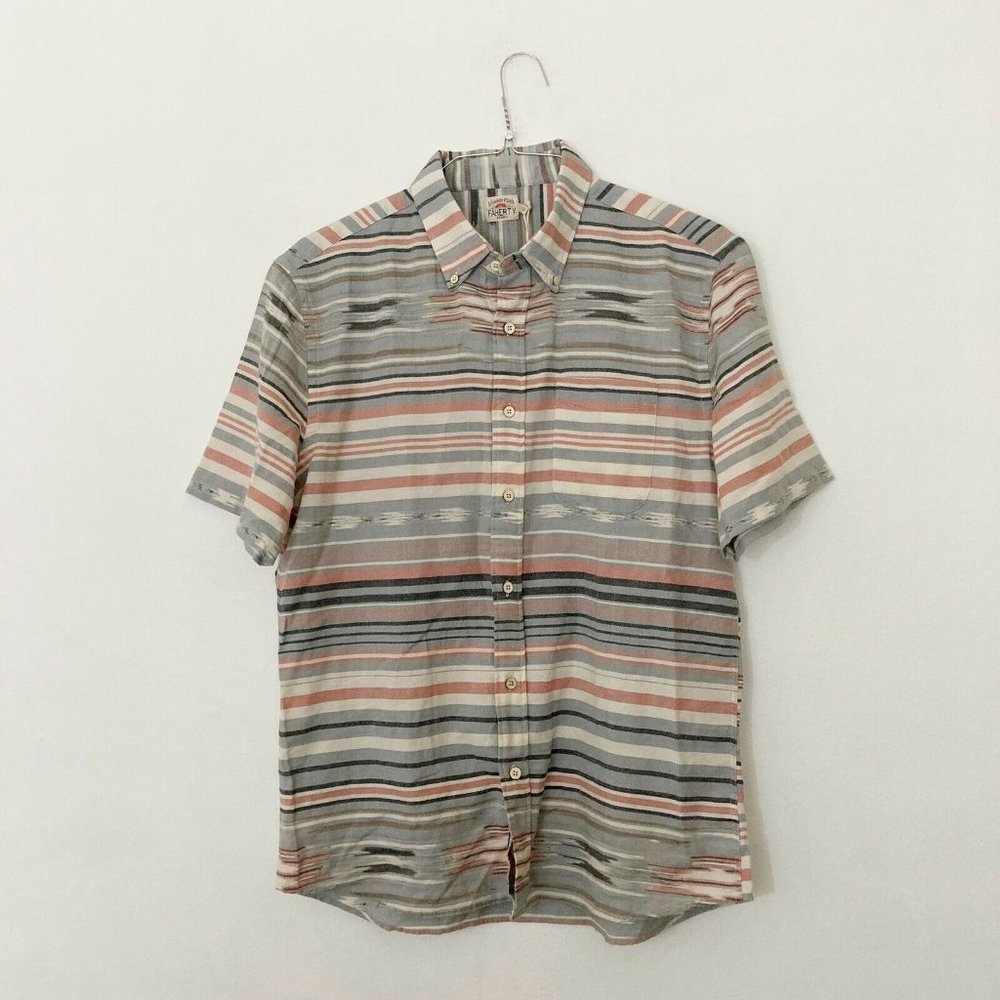 Faherty Striped Button Up Short Sleeve Men's Size Large 100% Cotton